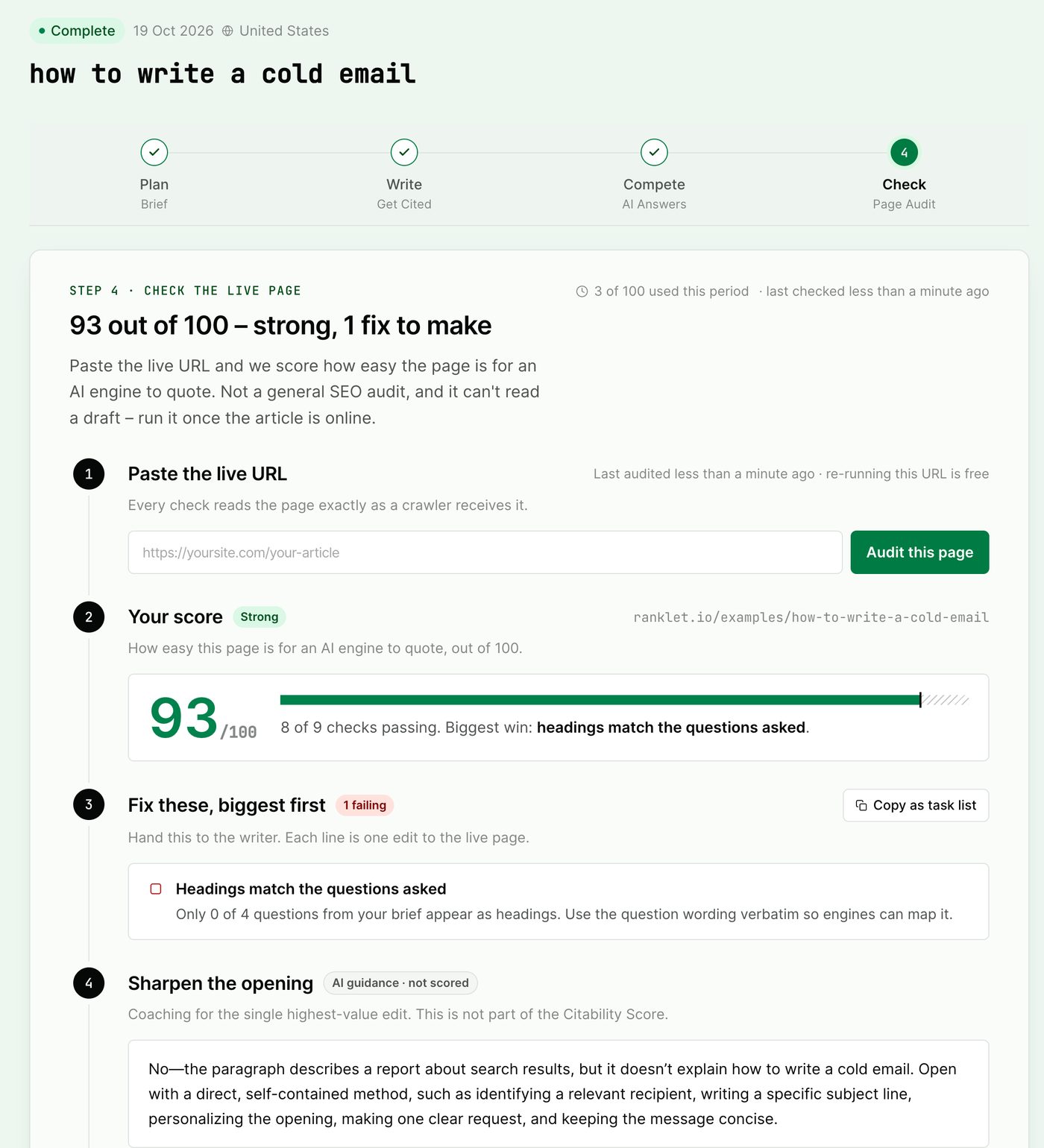 Ranklet audit of the how to write a cold email sample page: 93 out of 100, the same single failing check, and the AI coaching on the opening