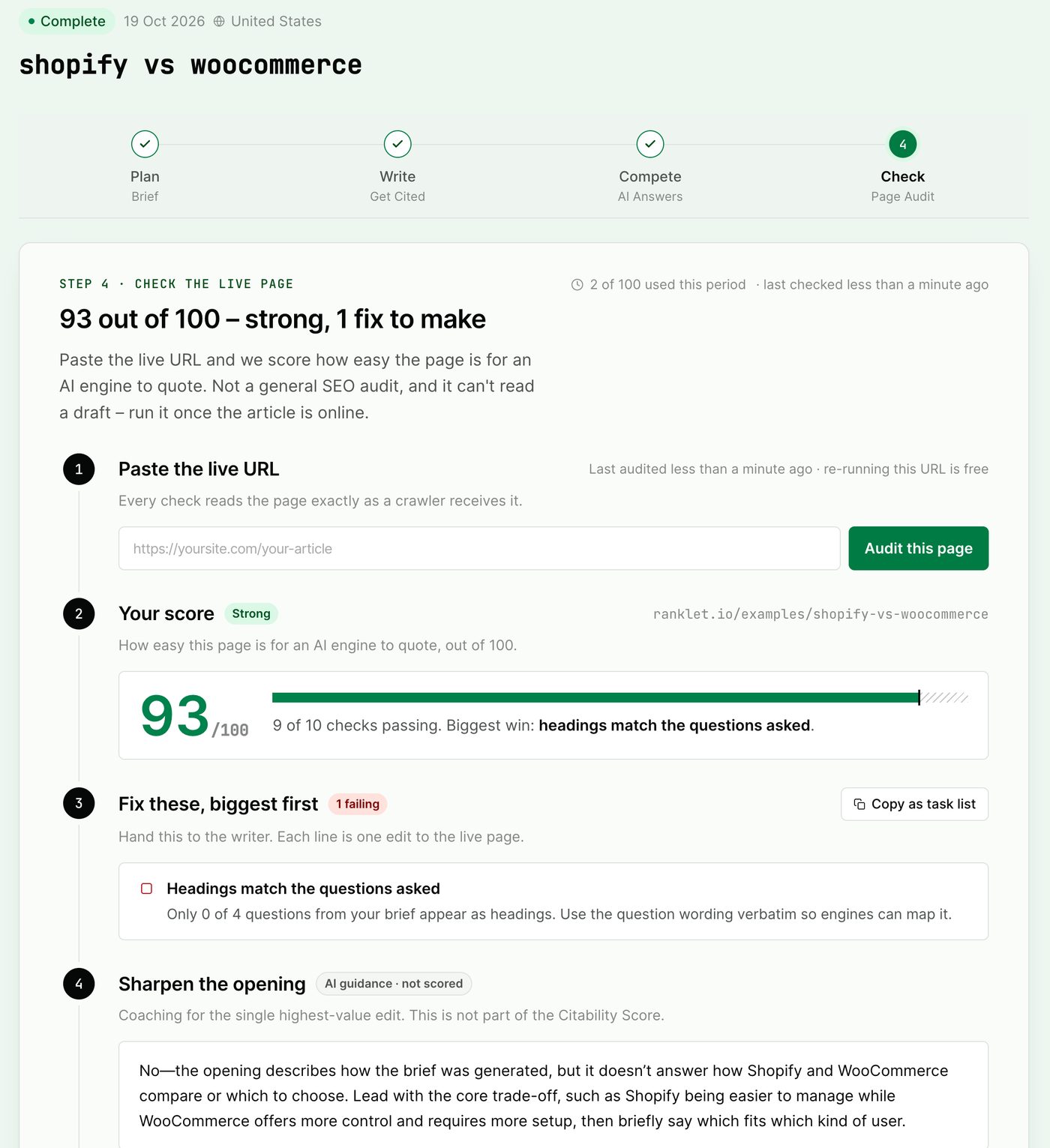 Ranklet audit of the shopify vs woocommerce sample page: 93 out of 100, failing only “Headings match the questions asked”